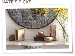 Shelf with Gold Nate Berkus vases and flowers