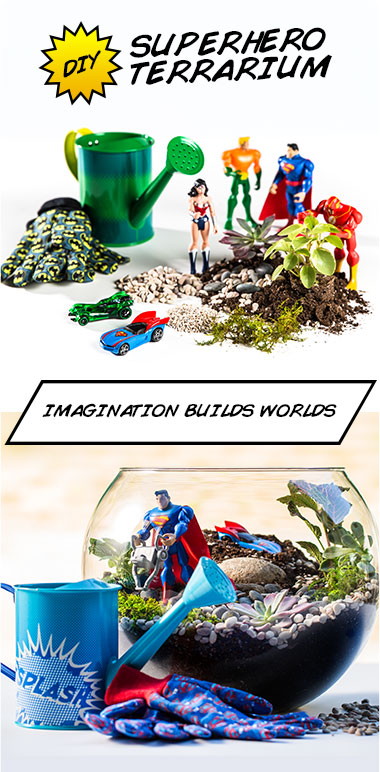 Help your kids create a superhero world with this easy DIY terrarium.